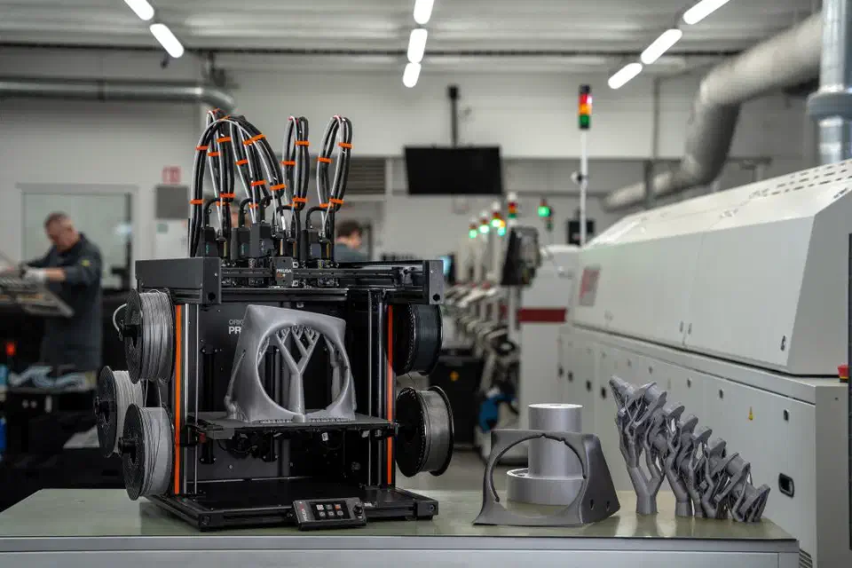 Prusa XL+ printing a grey overhang-heavy model with filament spools mounted on the frame and printed sample parts beside it