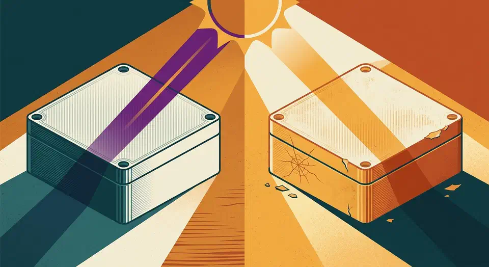 Two identical 3D-printed enclosures under sunlight, the left one crisp and intact, the right one yellowed and cracked.