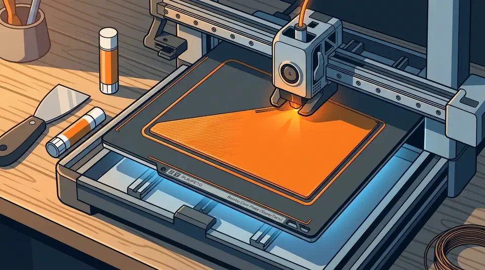 Dark grey Bambu Cool Plate SuperTack on a 3D printer bed while the nozzle prints a flat orange PLA part