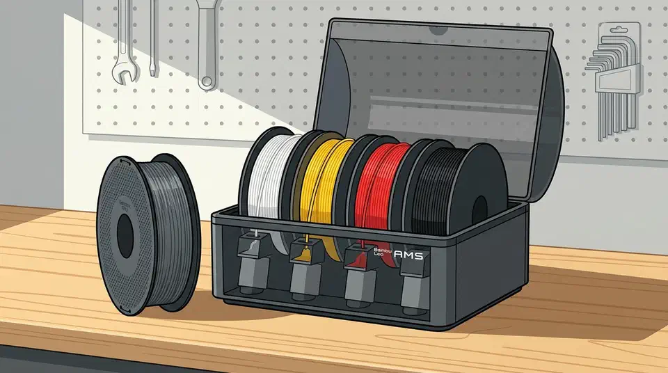 Bambu Lab AMS unit open on a workbench with four filament spools loaded and a spare TPU spool beside it