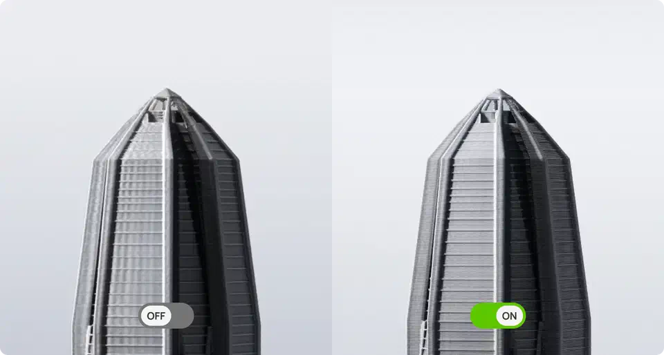 Two printed tower tops side by side, the left one showing rippled ghosting marks with compensation off and the right one showing clean layer lines with it on