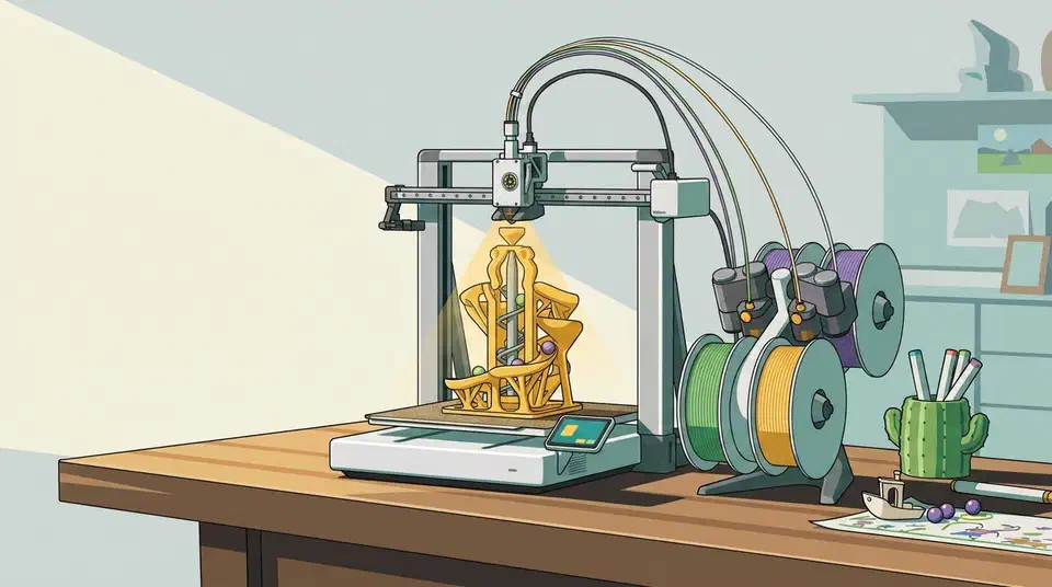 Bambu Lab A2L open-frame 3D printer on a wooden bench printing a tall yellow sculpture beside green, yellow and purple filament spools