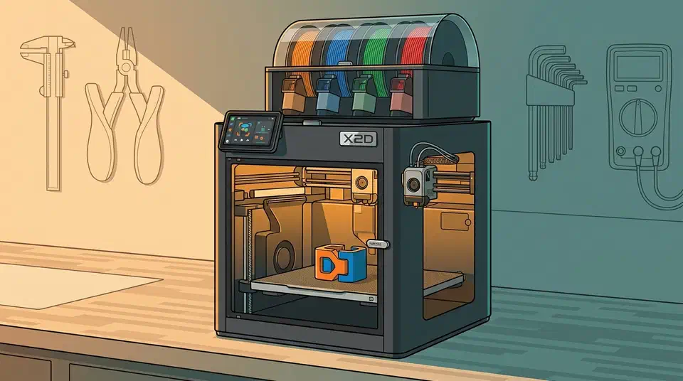 Bambu Lab X2D 3D printer on a workshop bench with a four-spool AMS on top and a two-colour part on the build plate