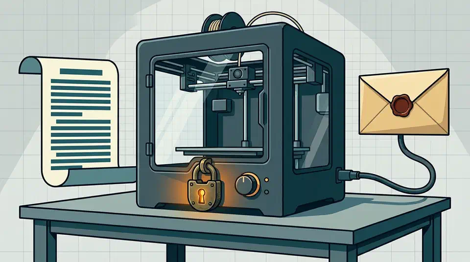 Enclosed cube 3D printer on a workbench with a brass padlock fused into its front panel, a licence scroll on one side and a sealed legal envelope on the other
