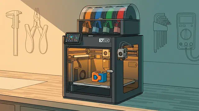 Bambu Lab X2D 3D printer on a workshop bench with a four-spool AMS on top and a two-colour part on the build plate