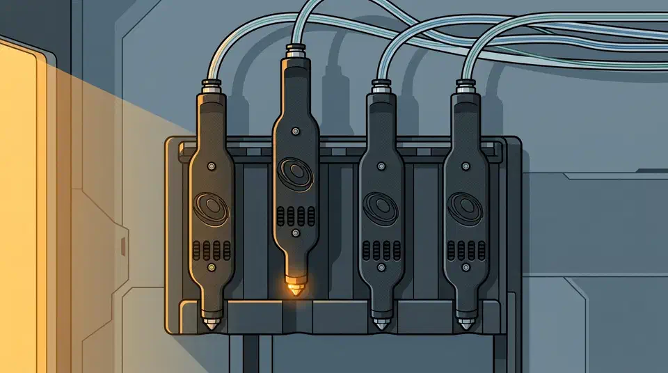 Four black Bondtech INDX nozzle tools docked side by side in a toolchanger rack with filament tubes curving in from above
