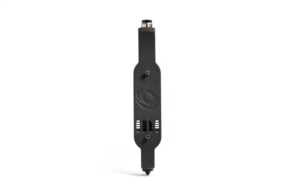 Single black Bondtech INDX passive nozzle tool photographed upright on a white background, with a chrome filament coupler on top and a steel nozzle tip at the base