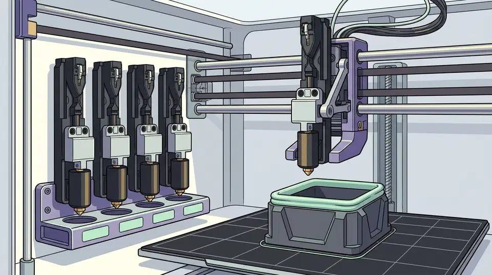 Four KliTek nozzle assemblies parked in a docking rail inside a 3D printer while a fifth prints a housing with a soft green seal