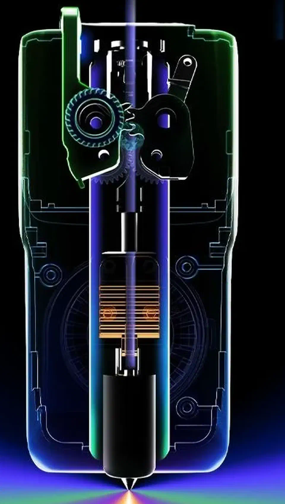 Cutaway view of the KliTek head showing the latch gear, filament path, finned heater block and nozzle tip stacked in one narrow body