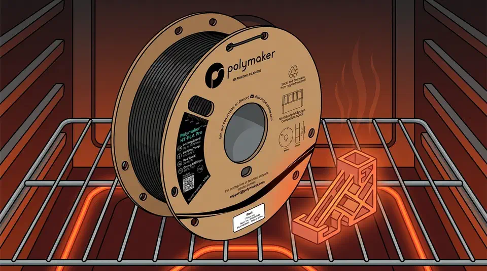 A Polymaker HT-PLA Pro filament spool sitting on the wire rack inside a glowing oven beside a heat-annealed 3D-printed bracket.