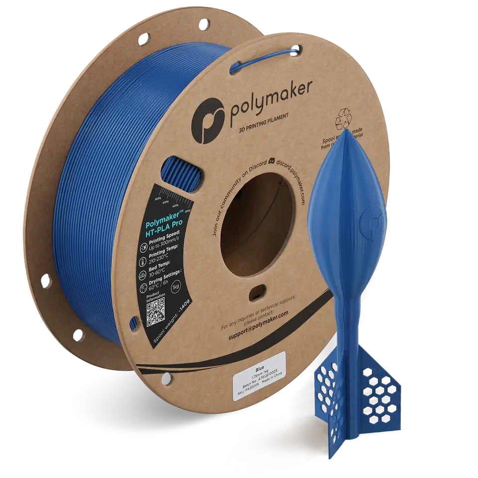 Blue Polymaker HT-PLA Pro filament spool on a recycled cardboard reel next to a printed blue rocket fin part