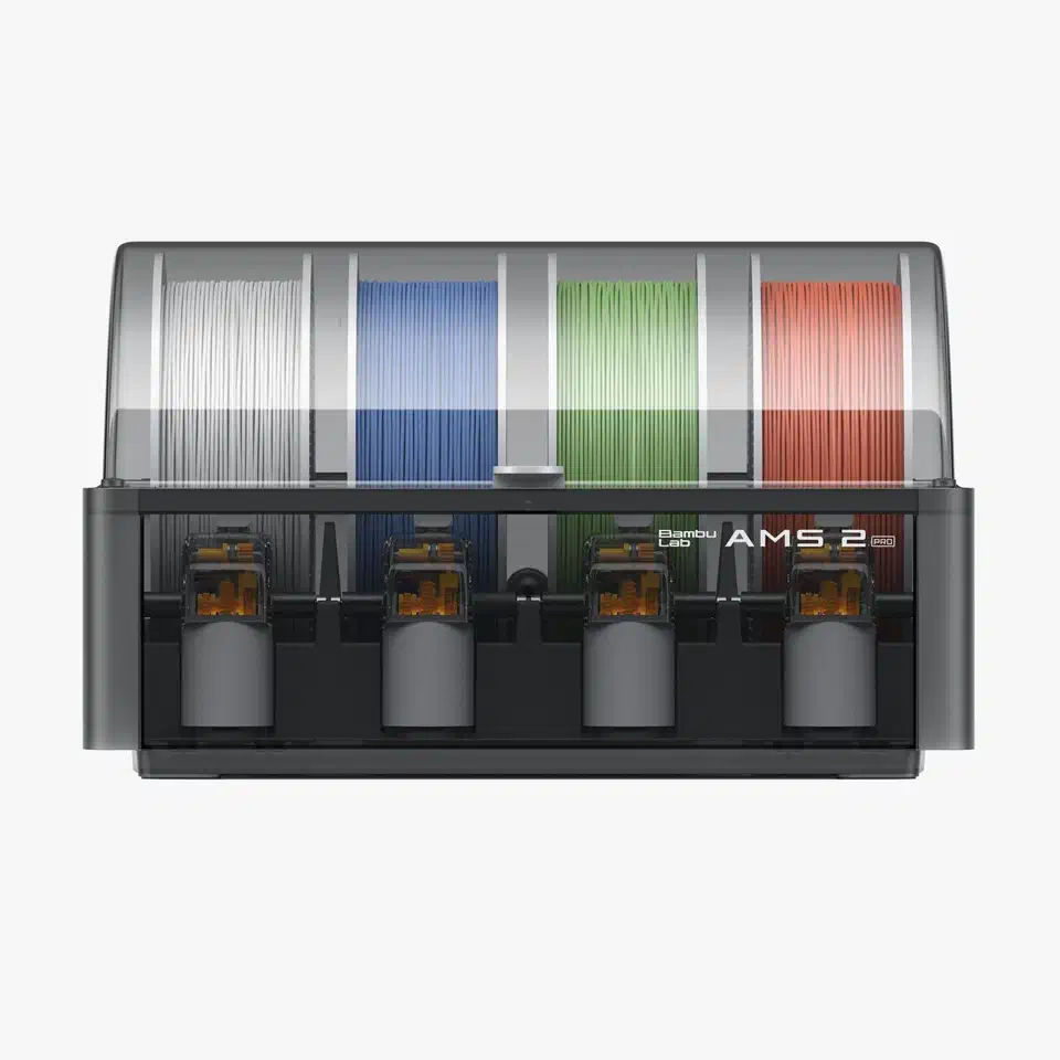 Bambu Lab AMS unit loaded with filament spools and desiccant