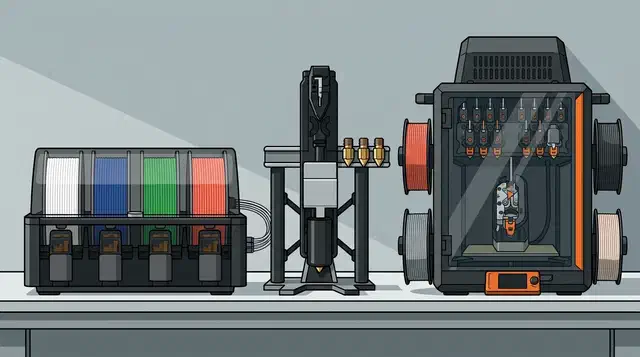 Bambu Lab AMS filament feeder, a KliTek nozzle changer with three spare brass nozzles, and a Prusa CORE One with the INDX toolchanger on a workshop bench