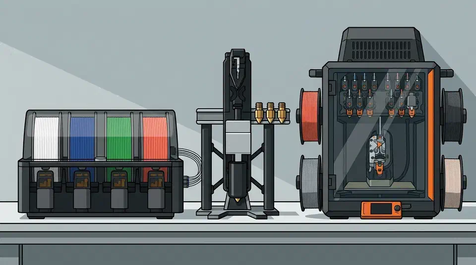 Bambu Lab AMS filament feeder, a KliTek nozzle changer with three spare brass nozzles, and a Prusa CORE One with the INDX toolchanger on a workshop bench