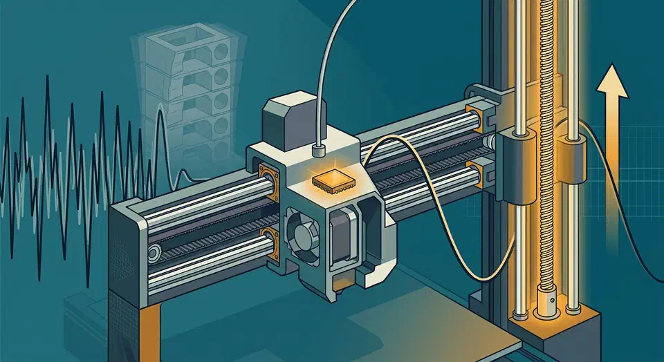 Cutaway 3D printer gantry with a glowing accelerometer chip, a frequency sweep waveform, and a highlighted Z lead-screw axis with an upward speed arrow