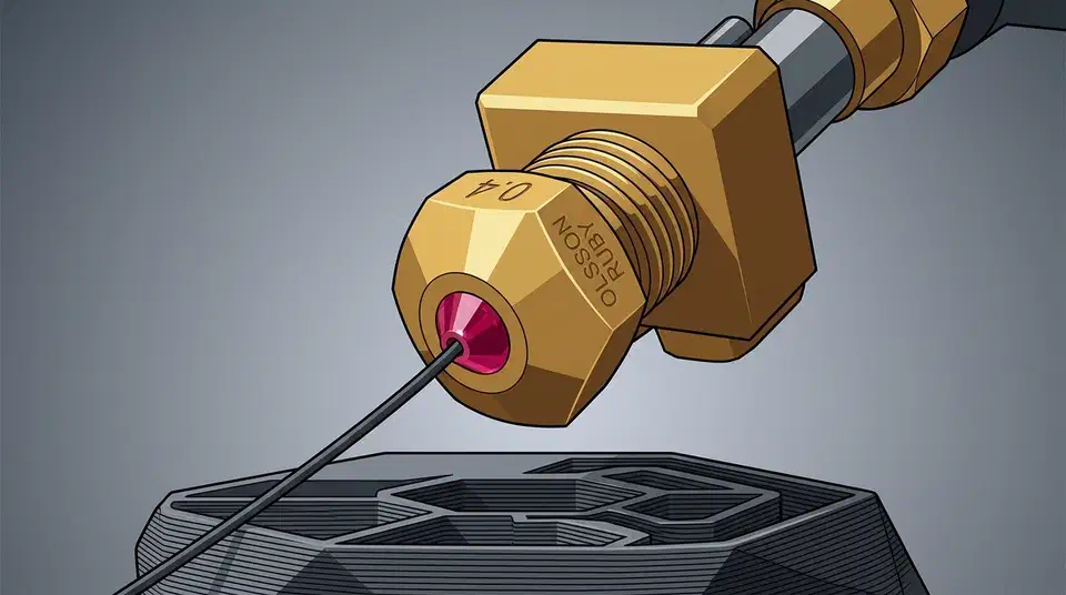 Brass Olsson Ruby nozzle with a red ruby tip extruding a strand of dark carbon fiber filament onto a printed part