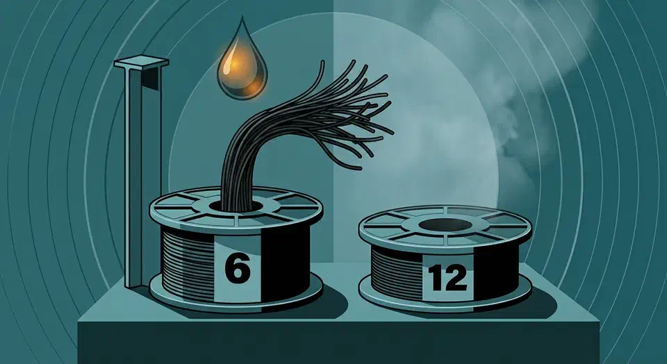 Two carbon-fiber nylon filament spools labeled 6 and 12 on a plinth, with a water droplet bending the PA6 spool's filament limp