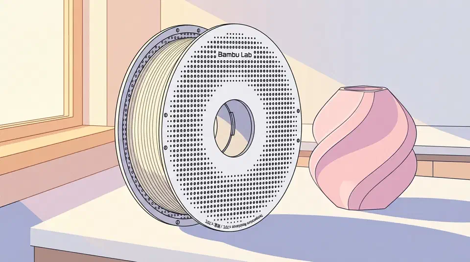 Bambu Lab PLA Pure filament spool on a kitchen counter beside a 3D-printed pink twisted vase