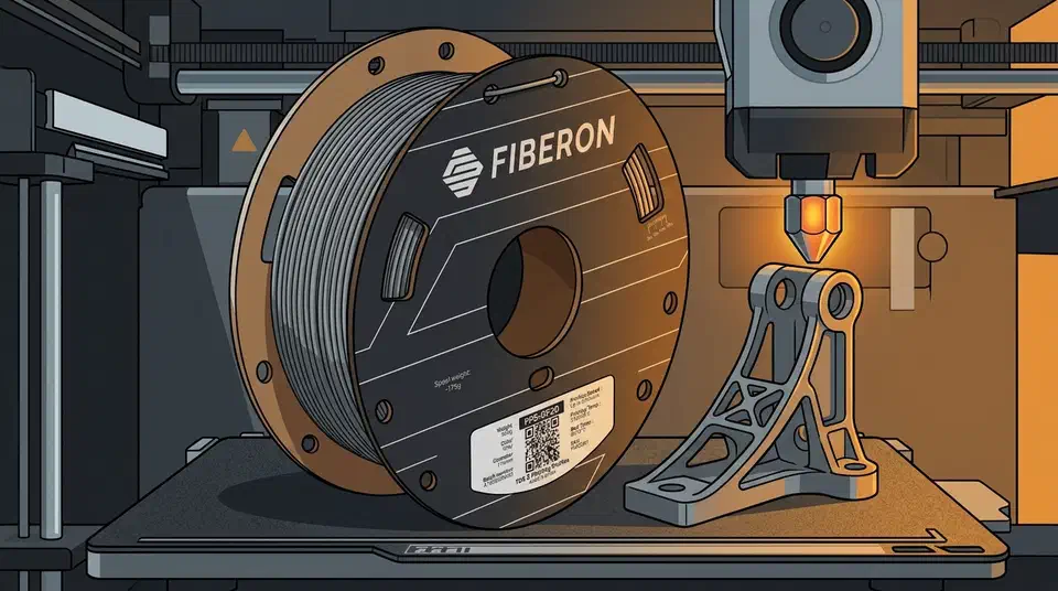 Polymaker Fiberon PPS-GF20 grey filament spool on a 3D printer build plate beside a printed bracket under a glowing nozzle