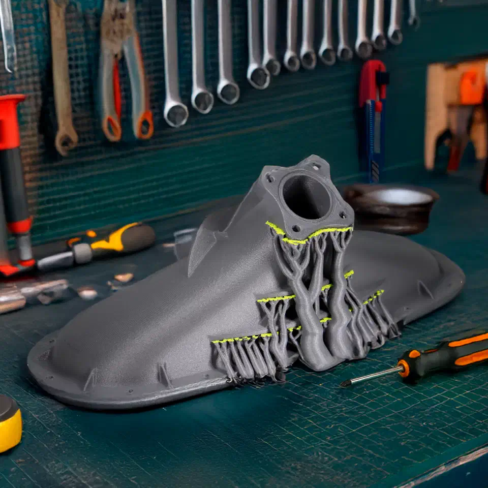 Large grey PPS-GF20 printed intake-style part with tree supports resting on a workbench under a rack of wrenches