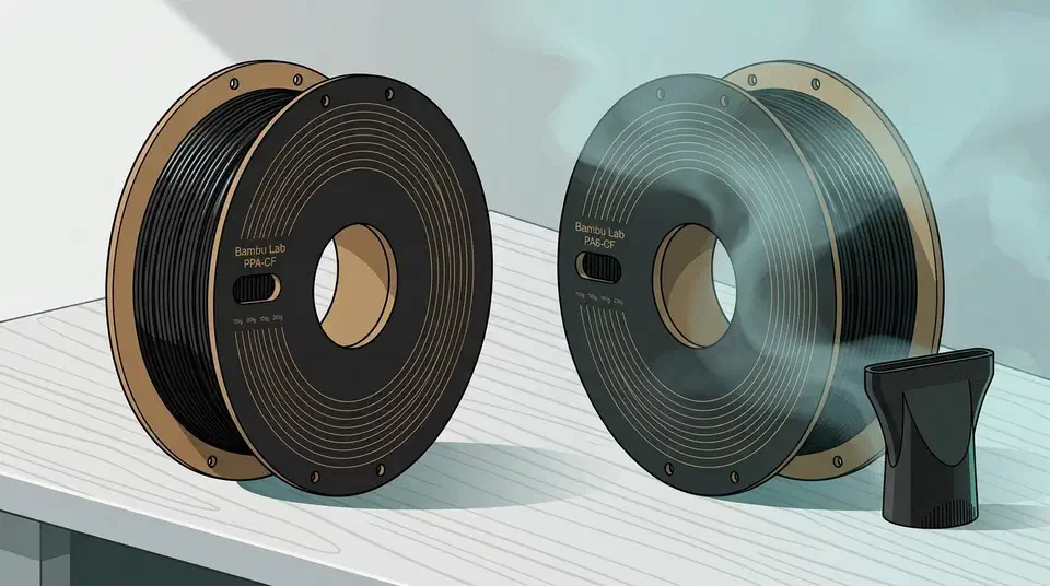 Two black Bambu Lab carbon-fiber filament spools side by side, PPA-CF on the left and PA6-CF on the right, with water vapour drifting over the right spool