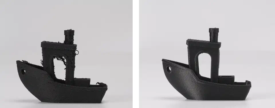 3DBenchy boat printed with moisture-affected filament on the left showing heavy stringing and a torn cabin, versus a clean dried print on the right