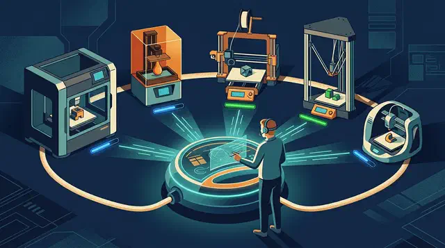 An operator at a glowing central control dashboard dispatching print jobs to five different 3D printers arranged in a ring.