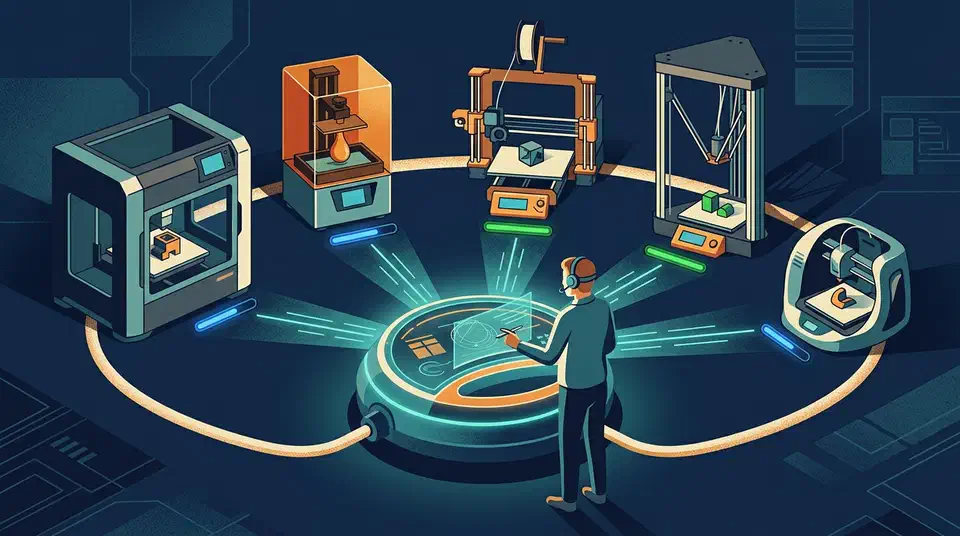 An operator at a glowing central control dashboard dispatching print jobs to five different 3D printers arranged in a ring.