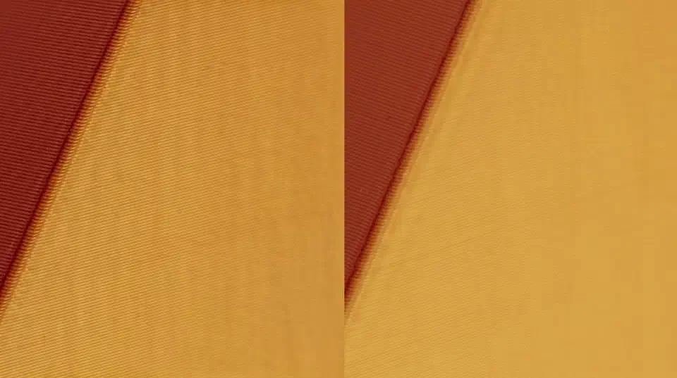 Side-by-side close-up of two yellow and red printed walls, the left one showing fine diagonal banding lines and the right one printing smooth