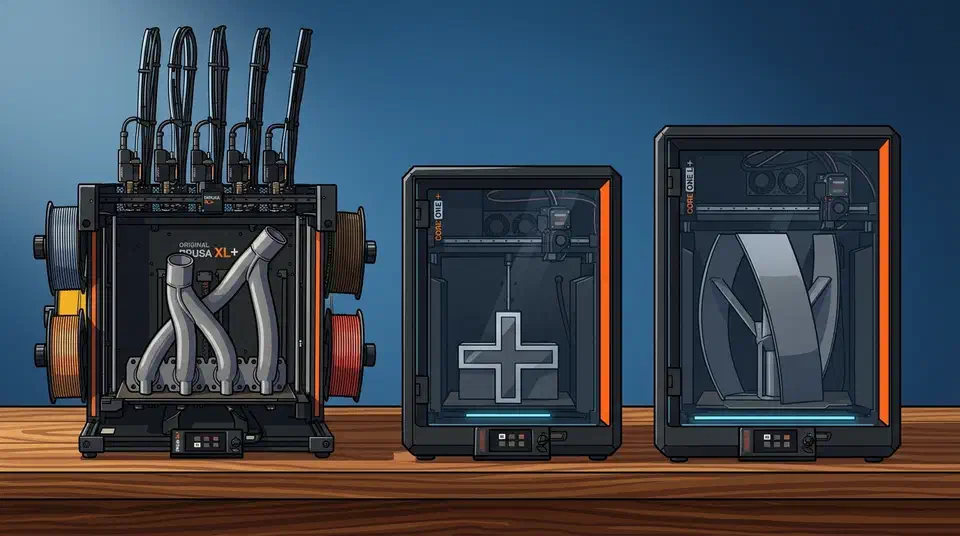 Prusa XL+ toolchanger with five toolheads beside the enclosed CORE One+ Gen 2 and CORE One L+ printers on a workbench