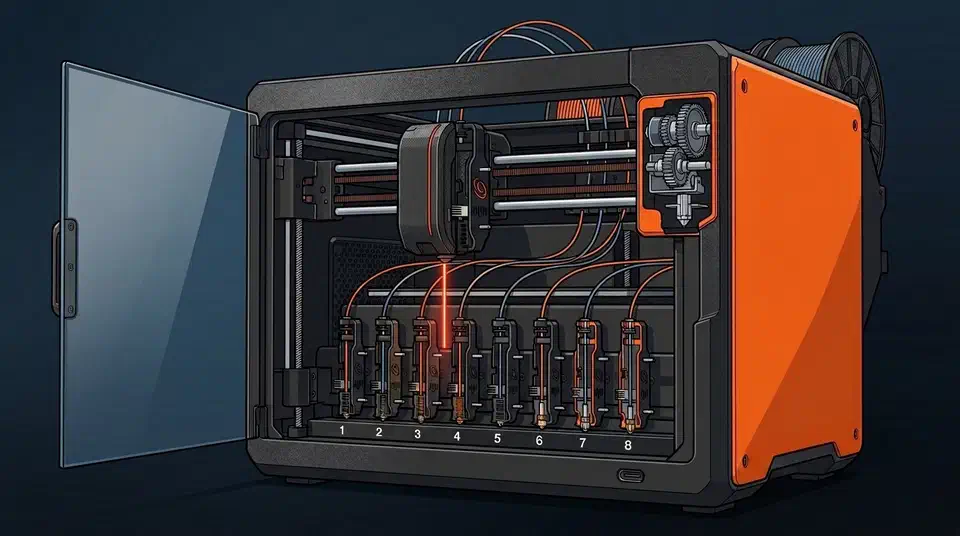 Prusa CORE One+ printer with its door open, showing eight numbered INDX toolheads racked along the front and the Smart Head above them