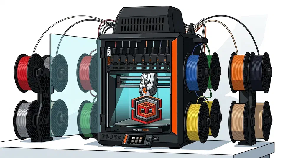 Prusa CORE One+ printer with eight numbered INDX tool docks inside, printing a multicolour cube, surrounded by filament spool racks