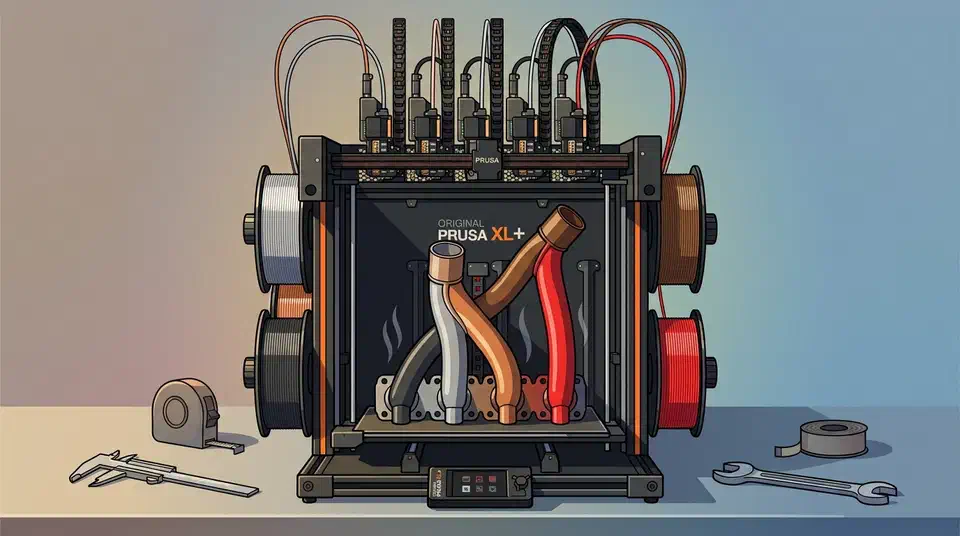 Original Prusa XL+ multi-toolhead 3D printer on a workbench, five toolheads on the top rail and a metal manifold part printing on the heatbed