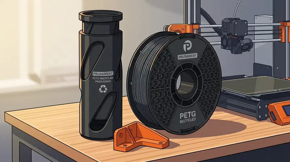 Prusament PETG Recycled spool of dark filament beside its recycled packaging tube and a printed bracket on a workbench next to a 3D printer