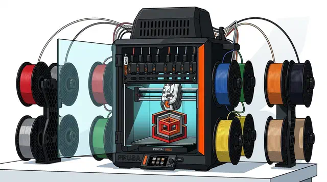 Prusa CORE One+ printer with eight numbered INDX tool docks inside, printing a multicolour cube, surrounded by filament spool racks
