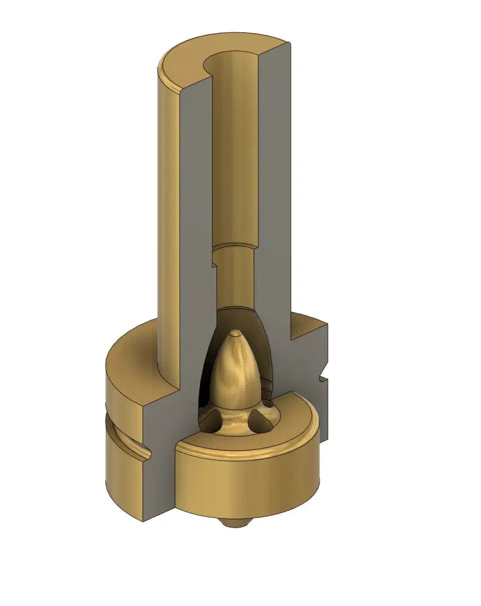 Cutaway CAD render of the Revo High Flow nozzle showing the teardrop brass dome inside the bore with four channels running past it to the tip