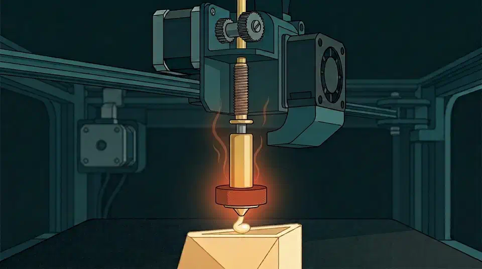 Brass Revo High Flow nozzle with red silicone sock mounted in a 3D printer toolhead, extruding molten filament onto a printed part