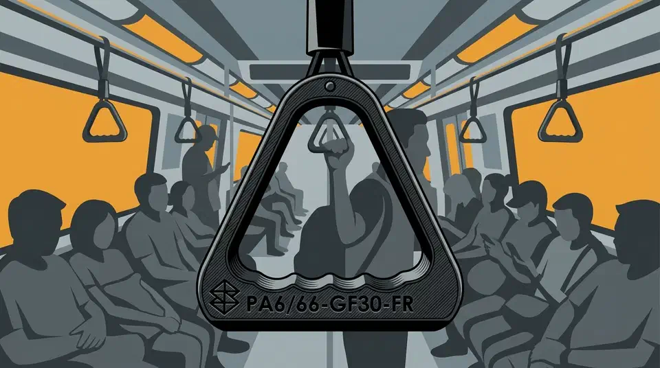 Black triangular 3D printed rail grab handle embossed PA6/66-GF30-FR hanging inside a crowded passenger train car