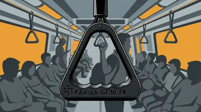 Black triangular 3D printed rail grab handle embossed PA6/66-GF30-FR hanging inside a crowded passenger train car
