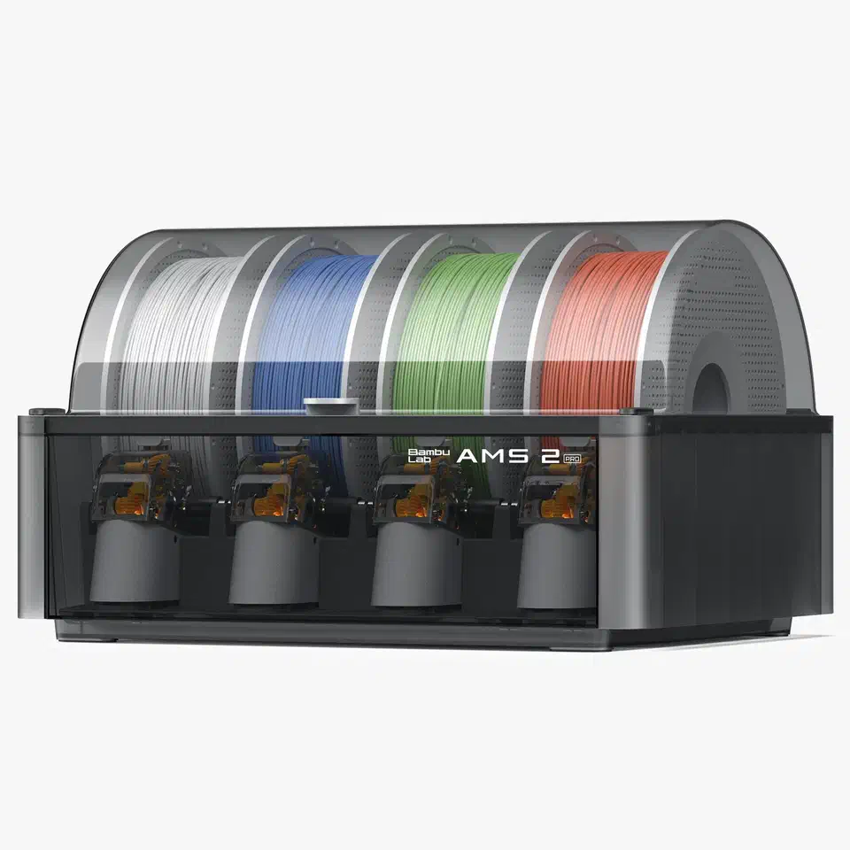 Bambu Lab AMS 2 Pro four-spool material system with a clear curved lid over white, blue, green and red filament spools