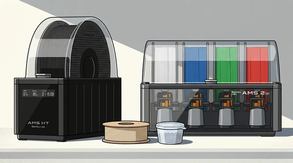 Bambu Lab AMS HT single-spool dryer showing 85°C beside the four-spool AMS 2 Pro, with a nylon spool and desiccant tub between them.