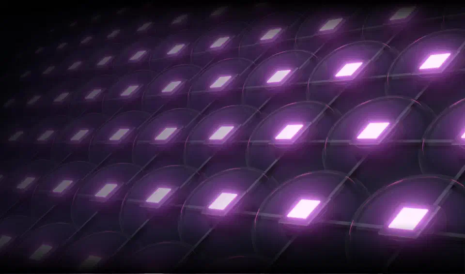 Rows of separate square UV LEDs glowing purple in the Halot X1&rsquo;s honeycomb light board