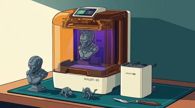 Piocreat Halot X1 resin printer on a workbench printing a grey bust, with its AFU feed unit and finished miniatures beside it
