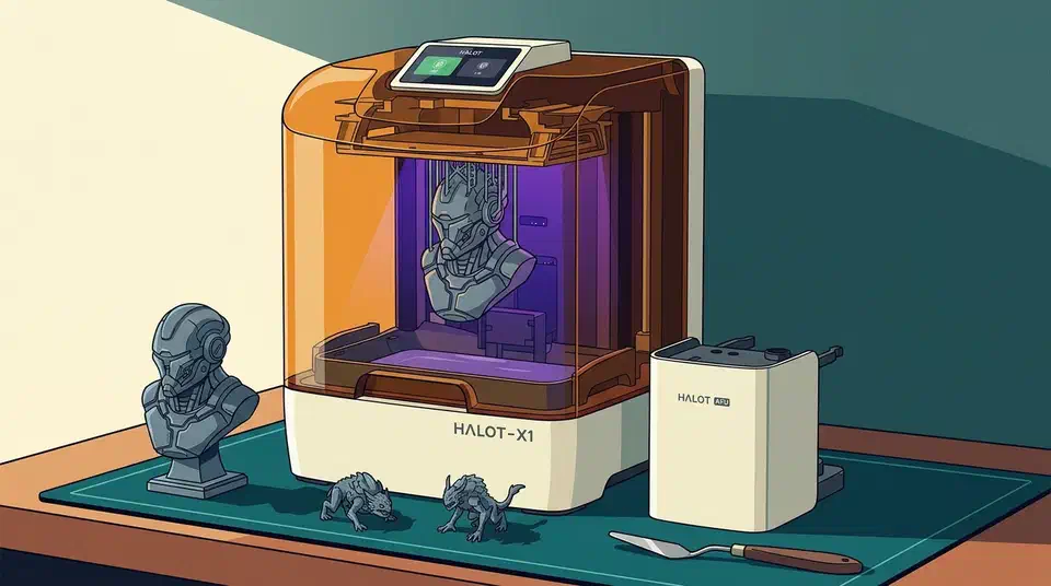 Piocreat Halot X1 resin printer on a workbench printing a grey bust, with its AFU feed unit and finished miniatures beside it