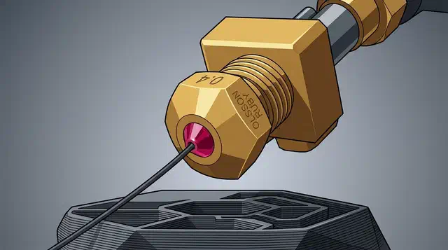 Brass Olsson Ruby nozzle with a red ruby tip extruding a strand of dark carbon fiber filament onto a printed part