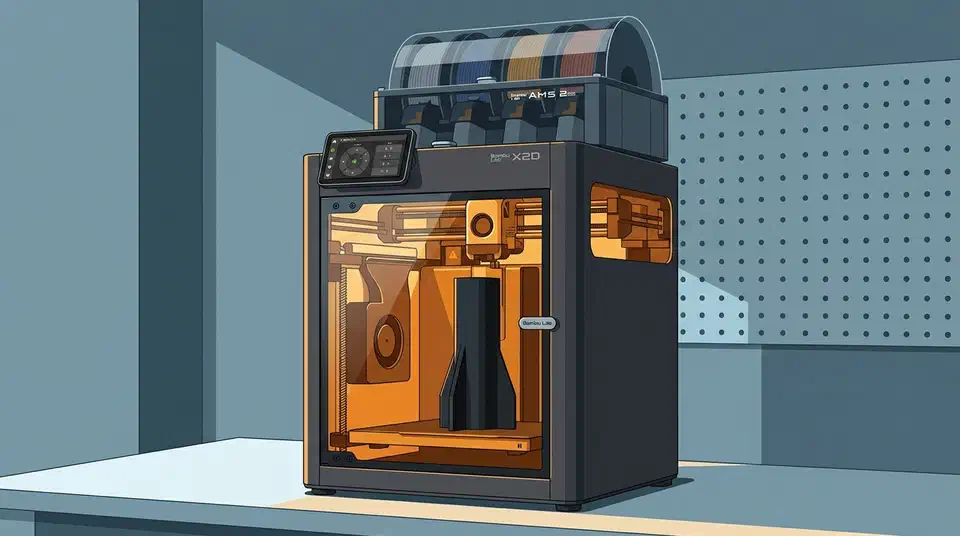 Bambu Lab X2D printer on a workbench with its glass door closed, amber-lit heated chamber inside building a tall black ABS part