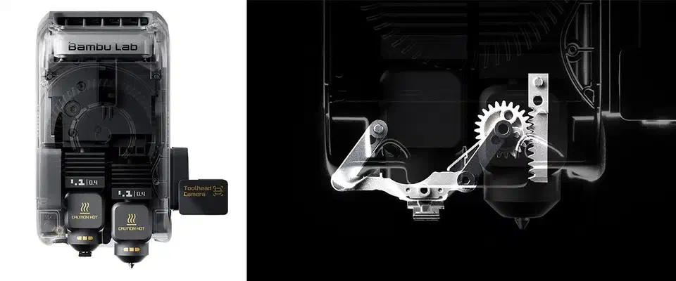 X2D dual extruder toolhead with two 0.4mm hotends marked caution hot, beside a cutaway of the nozzle lifting mechanism