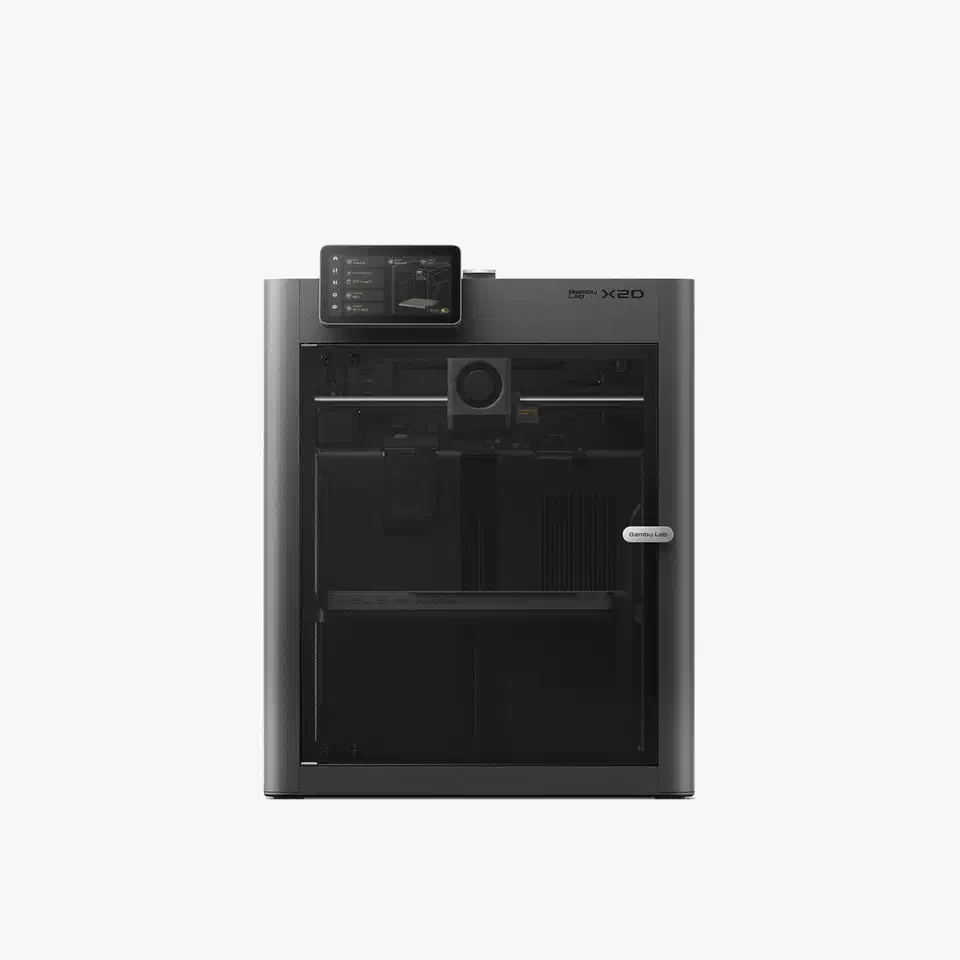 Bambu Lab X2D front view, enclosed chamber with a glass door