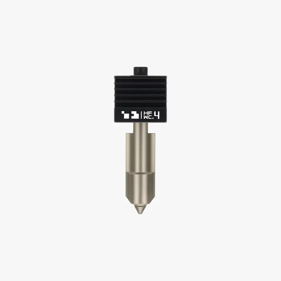 Bambu Lab high flow tungsten carbide hotend with a black finned heatsink block marked HF WC.4 above a champagne-gold barrel and a small carbide tip
