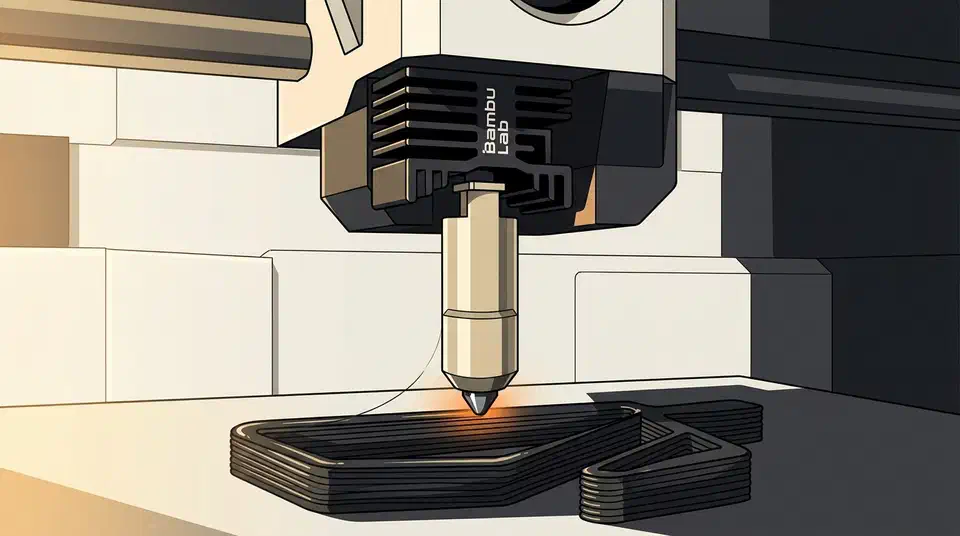 Bambu Lab tungsten carbide hotend mounted in a 3D printer toolhead, extruding a glowing black carbon fiber filament bead onto a printed part